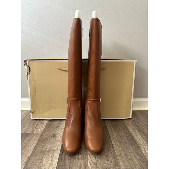 Michael Kors Side Zip Logo Buckle Carmen Leather Tall Riding Boots Luggage Sz 7M - Picture 5 of 10